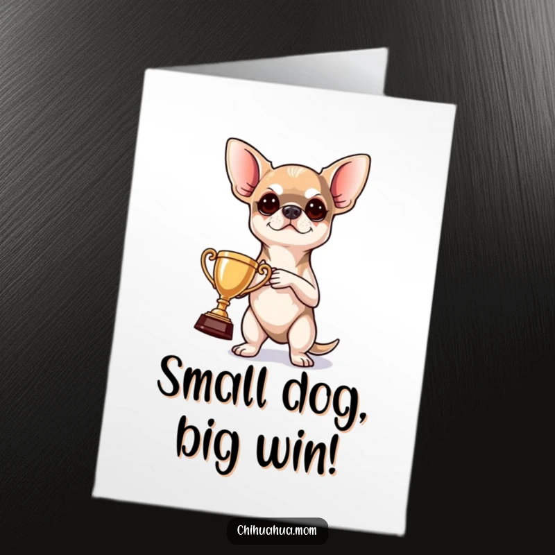 Funny Free Printable Birthday Card: Determined chihuahua holding a tiny trophy, celebrating a win with proud excitement.