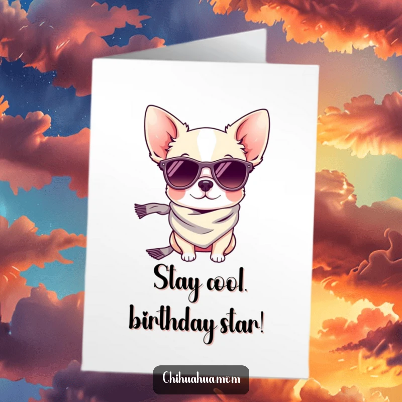 Funny Free Printable Birthday Card: A tiny chihuahua sporting cool sunglasses and a fashionable scarf, looking effortlessly chic.