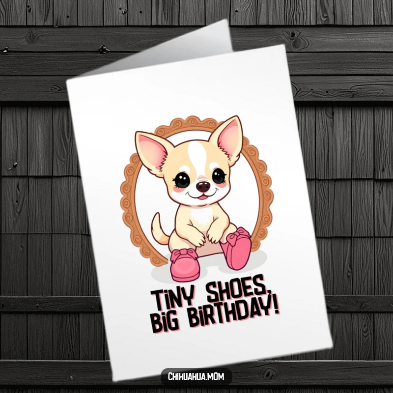 Funny Free Printable Birthday Card: Kawaii Chihuahua lady hilariously trying on tiny doll shoes, fashionably challenged.
