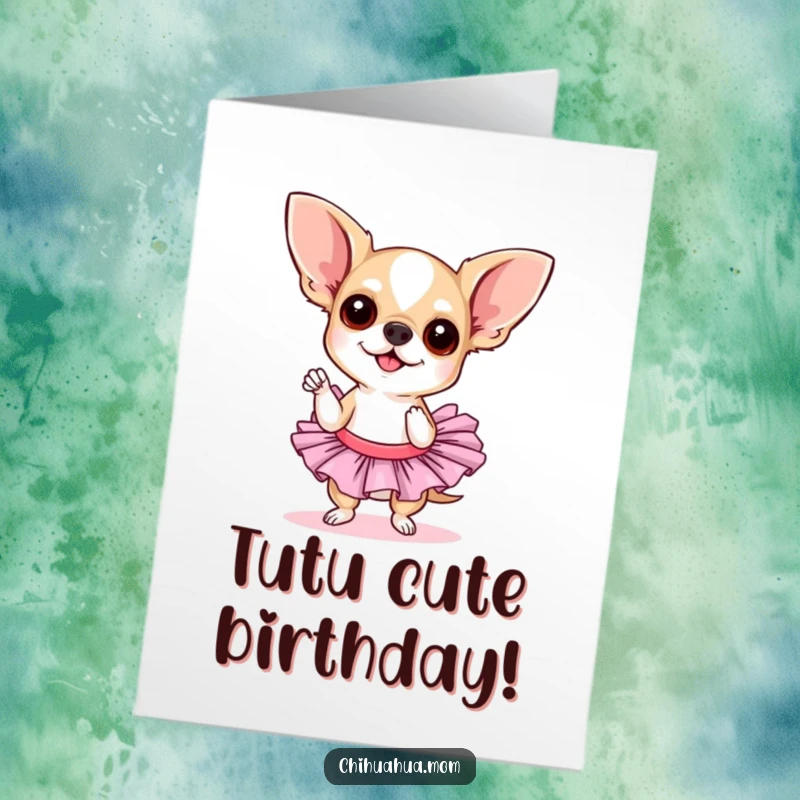 Funny free printable birthday card of a chihuahua in a tutu striking a sassy pose, ready to celebrate.