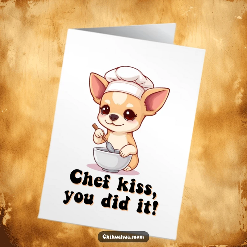 Funny Free Printable Congratulations Card featuring a chihuahua chef in a hat, stirring a tiny bowl, celebrating a fine accomplishment.