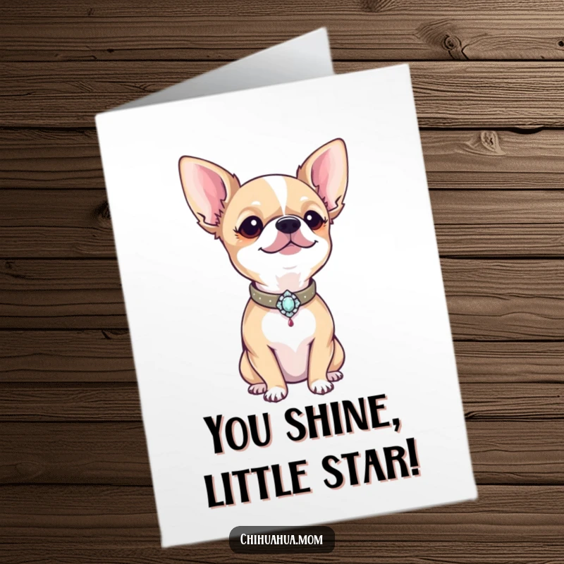Funny Free Printable Congrats Card: A proud chihuahua showing off a dazzling, tiny bejeweled collar, celebrating success with flair.