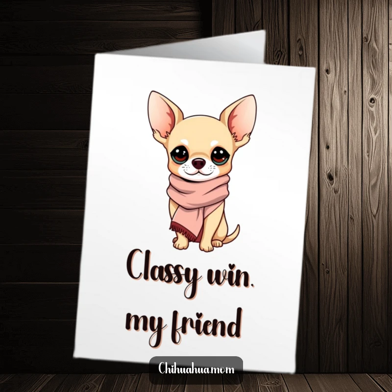 Funny Free Printable Congratulations Card showing a sophisticated chihuahua in a chic scarf, celebrating achievements with understated elegance.