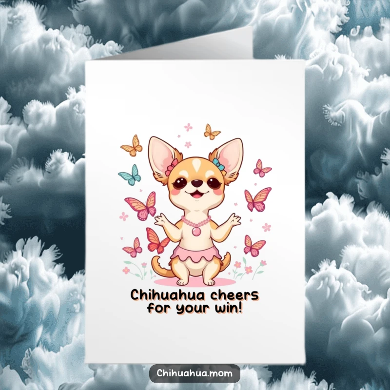 Funny Free Printable Congratulations Card: Chihuahua maestro conducting a beautiful butterfly orchestra in celebration.
