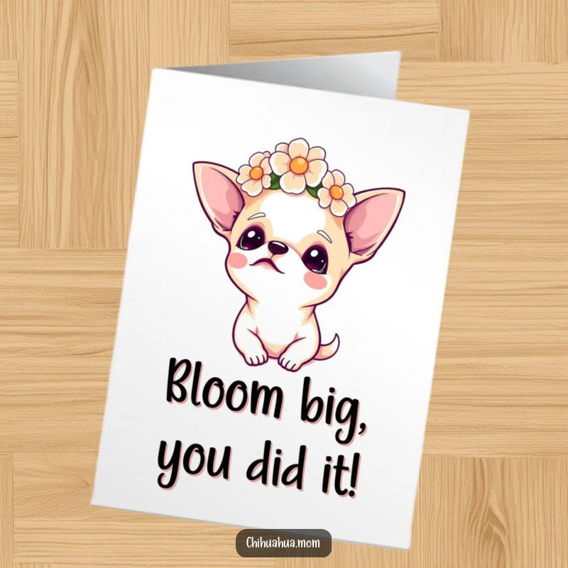 Funny Free Printable Congratulations Card featuring a chihuahua wearing a flower crown, looking up with serene beauty, celebrating achievements.