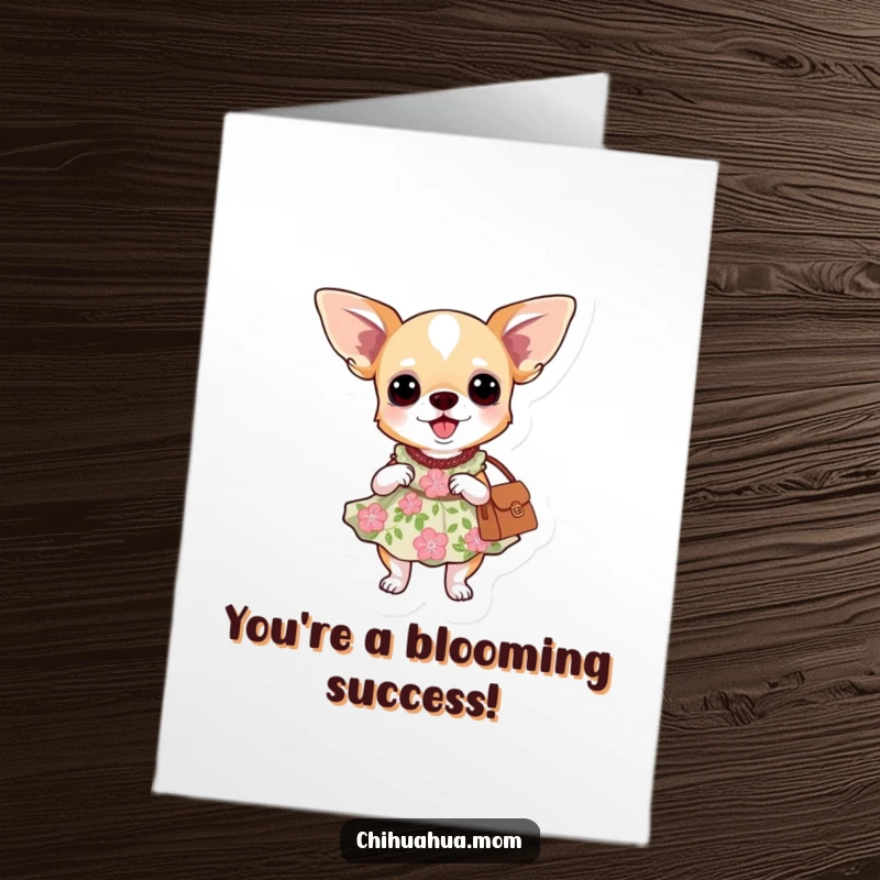 Free Printable Congratulations Card: A chihuahua looking sweet in a floral dress, posing elegantly with a purse.