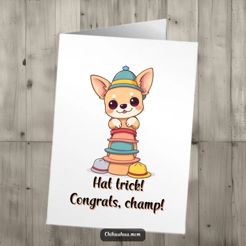 Funny free printable congratulations card featuring a chihuahua balancing many tiny hats, celebrating a grand success.