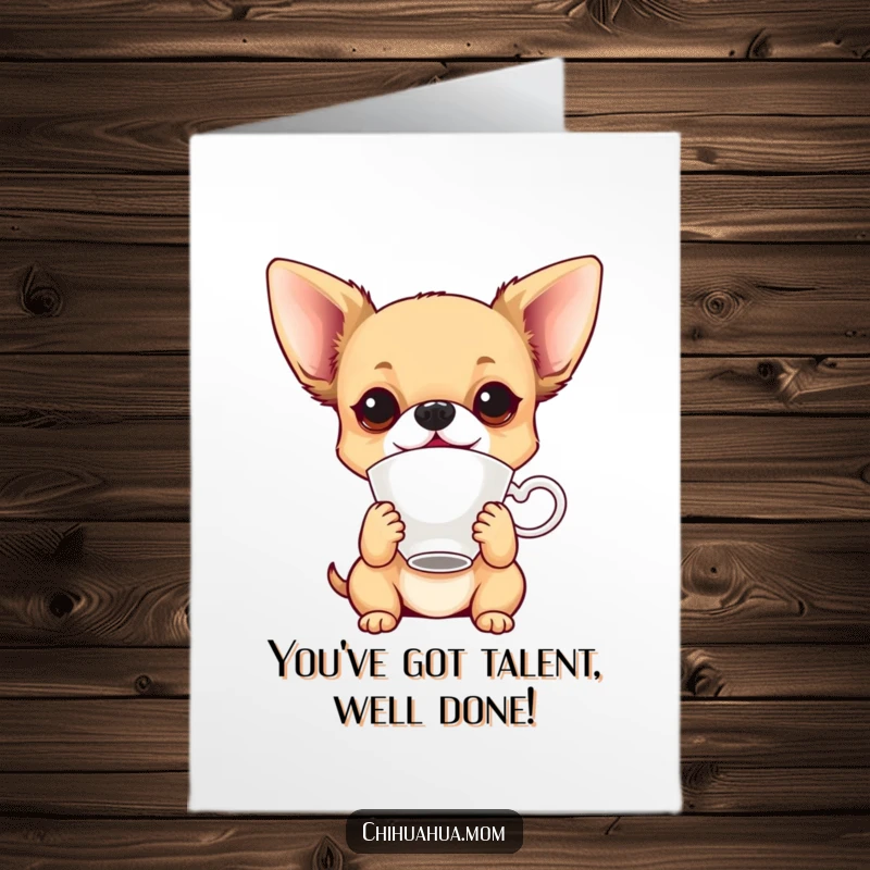 Funny Free Printable Congratulations Card: A playful chihuahua is balancing a teacup on its nose, showcasing incredible poise.
