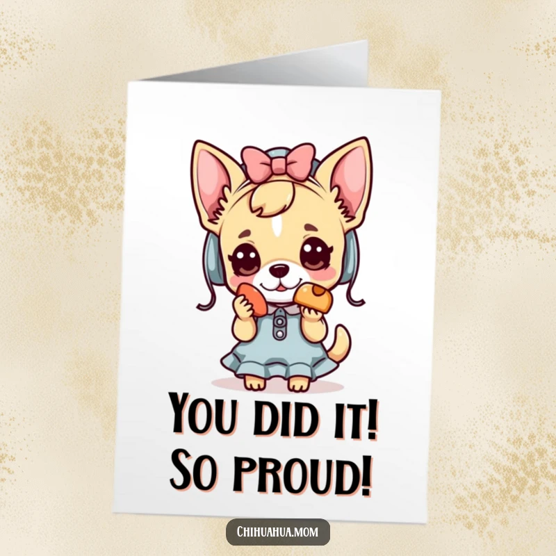 Funny Free Printable Congratulations Card: A sweet Kawaii chihuahua lady presents a tiny, delicious treat.