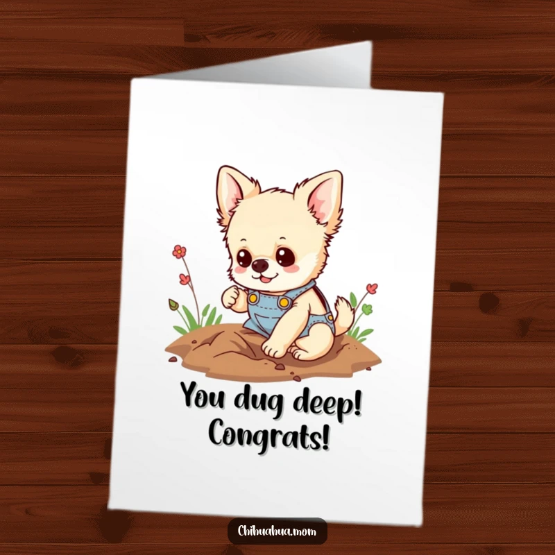 Funny Free Printable Congratulations Card: Chihuahua in overalls digging happily, a determined and enthusiastic downloadable gift.