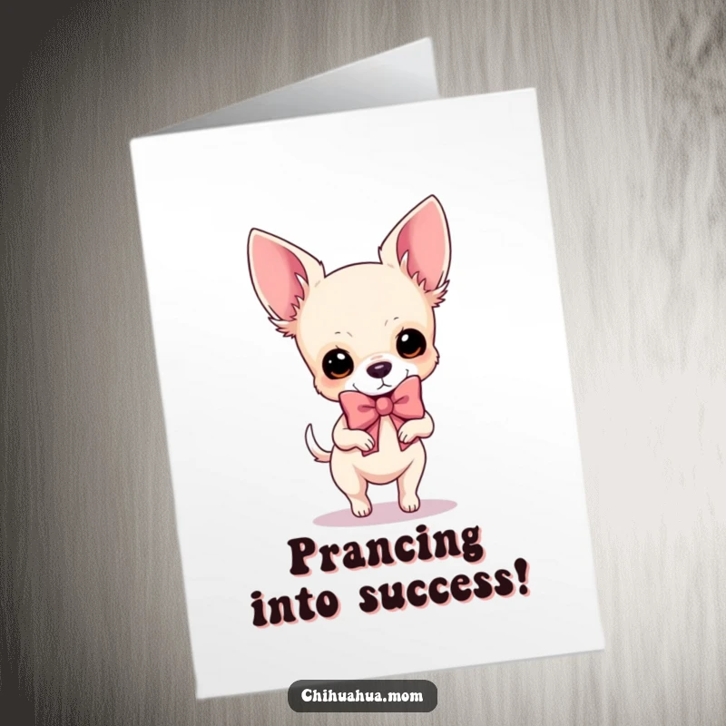 Funny Free Printable Congratulations Card: Chihuahua prancing with a huge bow, humorous celebratory art.