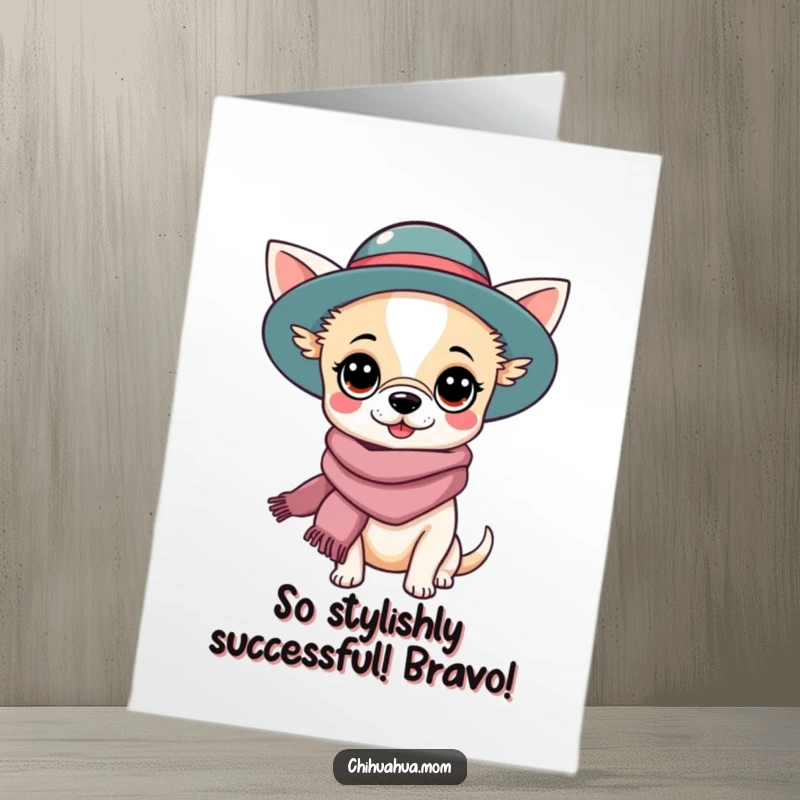 Funny Free Printable Congrats Card: Kawaii chihuahua lady looking fabulous in a hat and scarf.