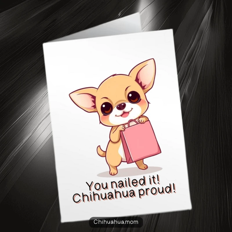 Funny Free Printable Congratulations Card: Chihuahua triumphantly carrying a tiny shopping bag, humorous celebration gift.