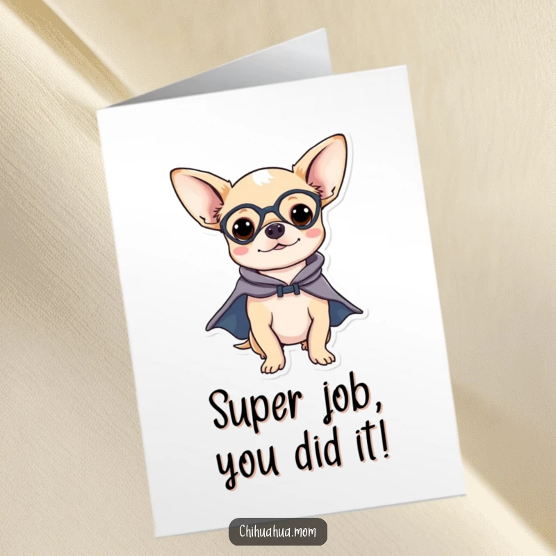 Funny Free Printable Congratulations Card: Chihuahua hero dramatically landing, cape flowing, celebrating success.
