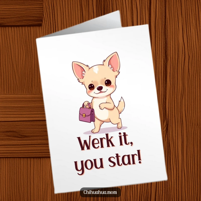 Funny Free Printable Chihuahua Congratulations Card: Fashionable chihuahua with a tiny handbag, celebrating success.