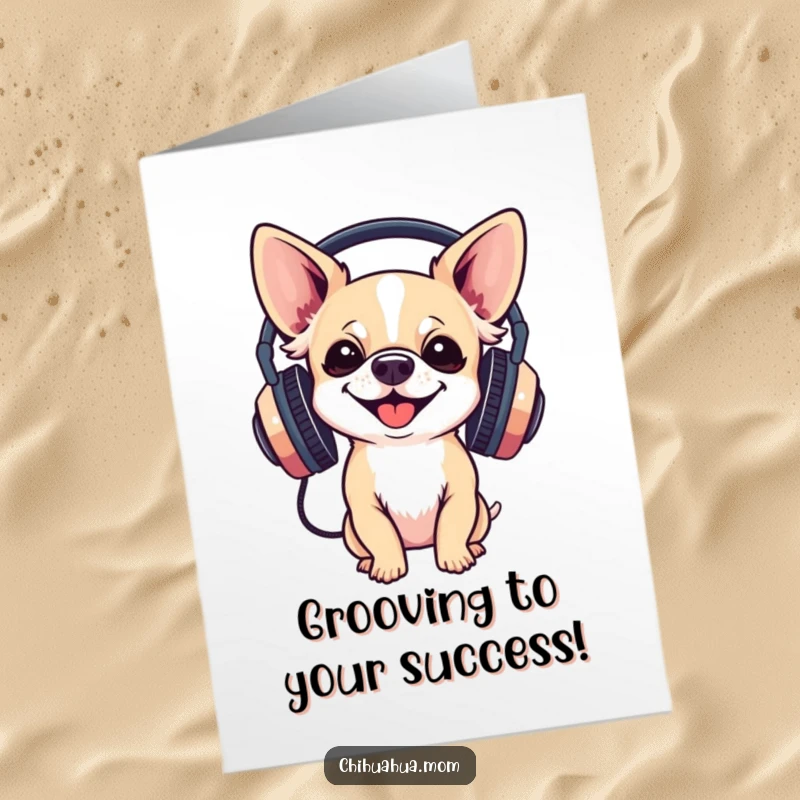 Funny Free Printable Congratulations Card: A chihuahua gleefully sports oversized headphones, looking thrilled and ready to party.