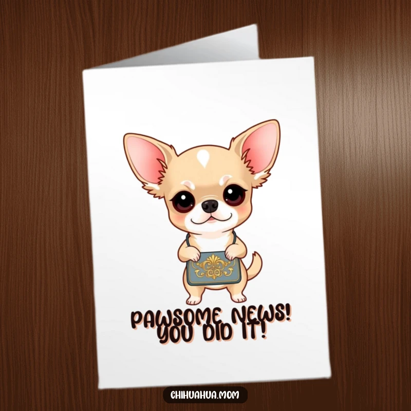 Funny free printable congratulations card: Chic chihuahua with a purse, celebrating success with style.