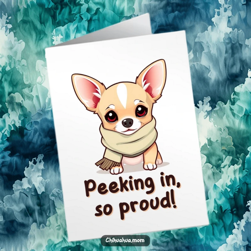Funny Free Printable Congratulations Card: A chihuahua sporting a silly scarf pops out with a cheerful, peeking expression.