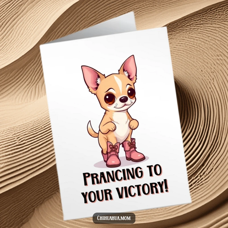Funny Free Printable Congratulations Card of a chihuahua proudly prancing in tiny boots, perfect for celebrating any win.