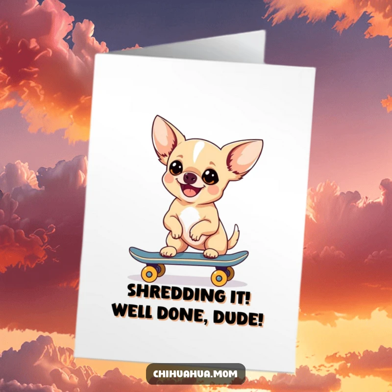 Funny Free Printable Congratulations Card: Chihuahua doing a trick on a skateboard, celebrating success, cool pup, download.