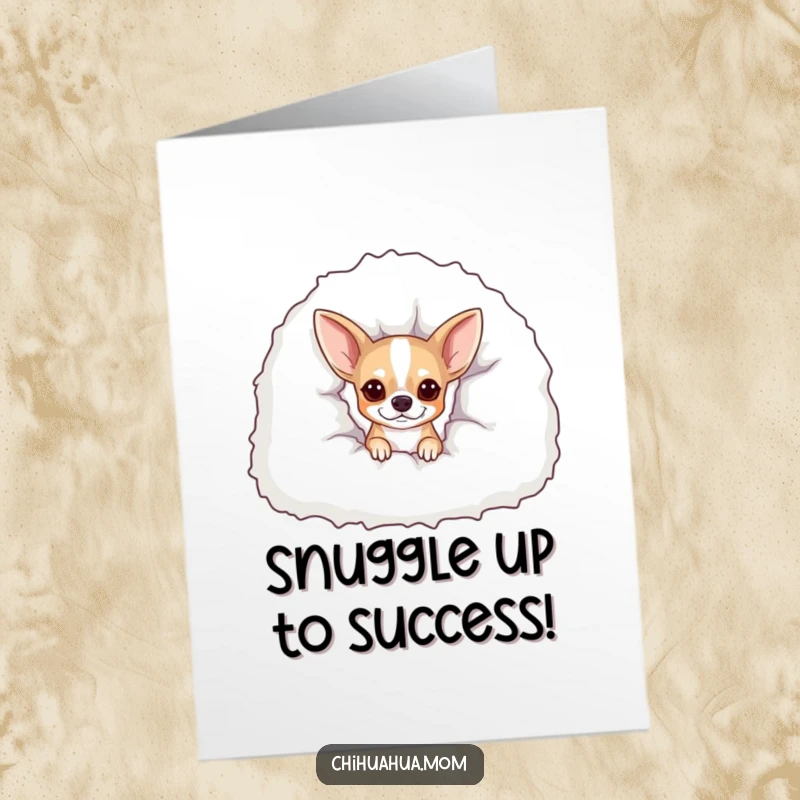 Free Printable Congratulations Card: A chihuahua peeking from a fluffy blanket, sending cozy congratulations.