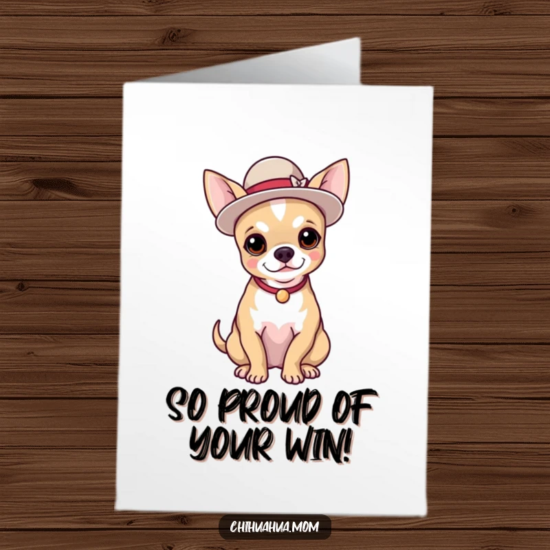 Funny Free Printable Congratulations Card: A distinguished chihuahua wears a small, fancy hat and poses proudly, a downloadable congratulatory image.
