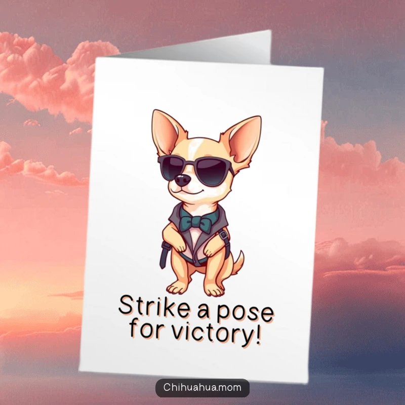 Free Printable Congratulations Card: A chihuahua strikes a cool pose, accessorized stylishly, exuding confidence and charm.