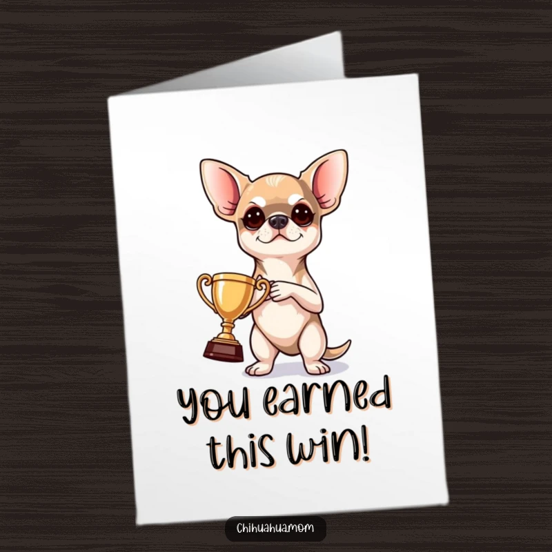 Funny Free Printable Congratulations Card: A determined chihuahua proudly holds a tiny trophy, embodying success and celebration.