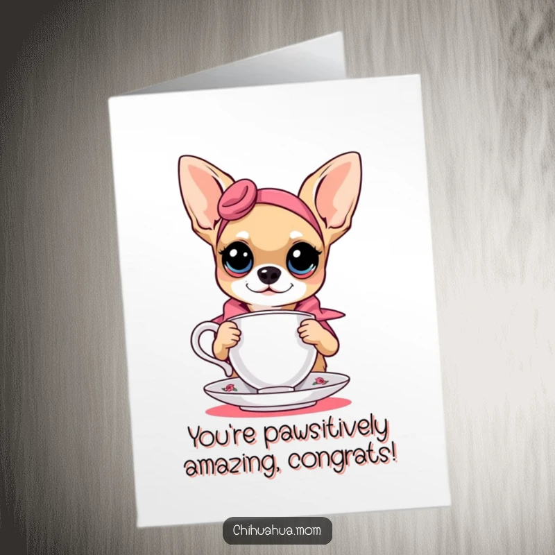 Funny Free Printable Congratulations Card: Sophisticated chihuahua with a teacup, celebrating a momentous occasion with flair.