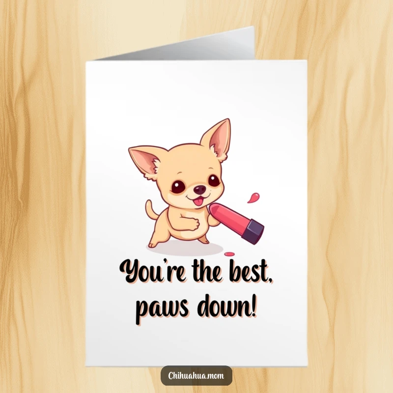 Funny Free Printable Congratulations Card: A small chihuahua in hot pursuit of a rolling lipstick, a downloadable celebration of speed.
