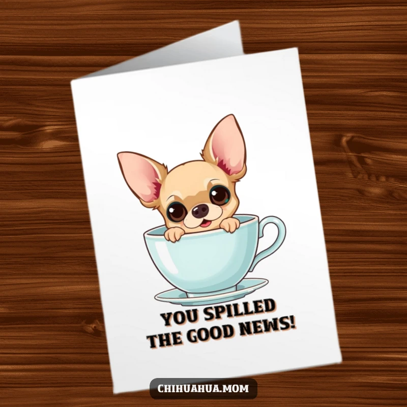 Funny Free Printable Congrats Card: Adorable Chihuahua with Wide Eyes Peeking from a Huge Teacup