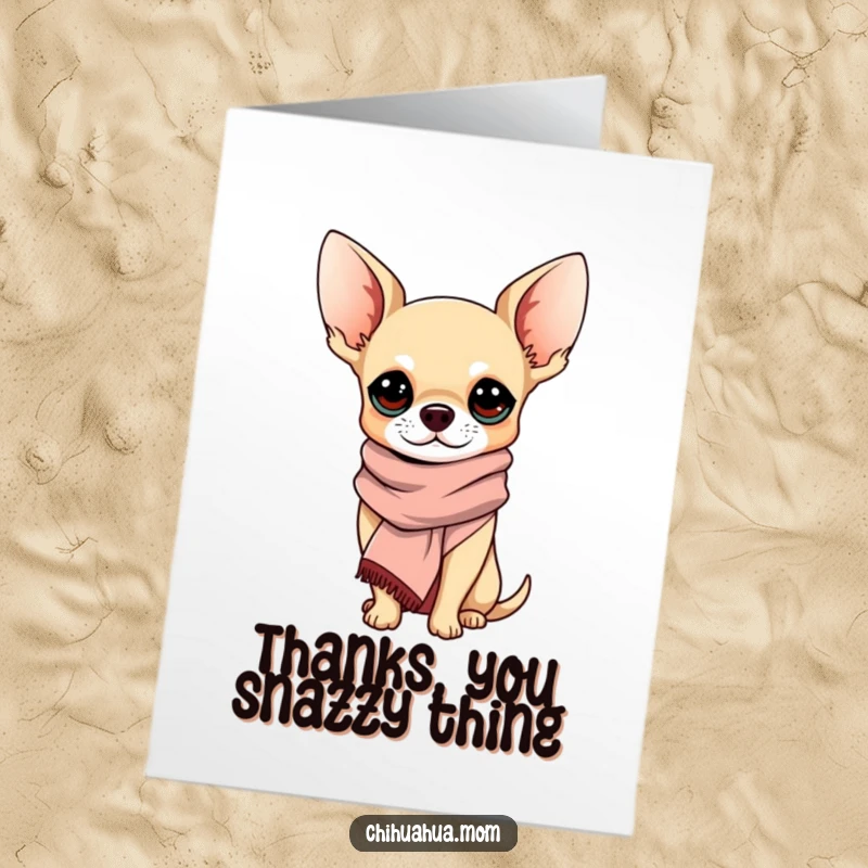 Funny Free Printable Thank You Card featuring a chic chihuahua wearing a scarf, conveying thanks with sophisticated, understated humor.