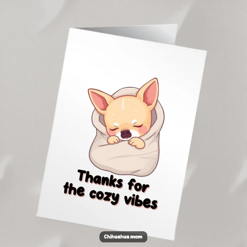 Funny Free Printable Thank You Card of a chihuahua tucked into a small blanket, sleeping soundly.