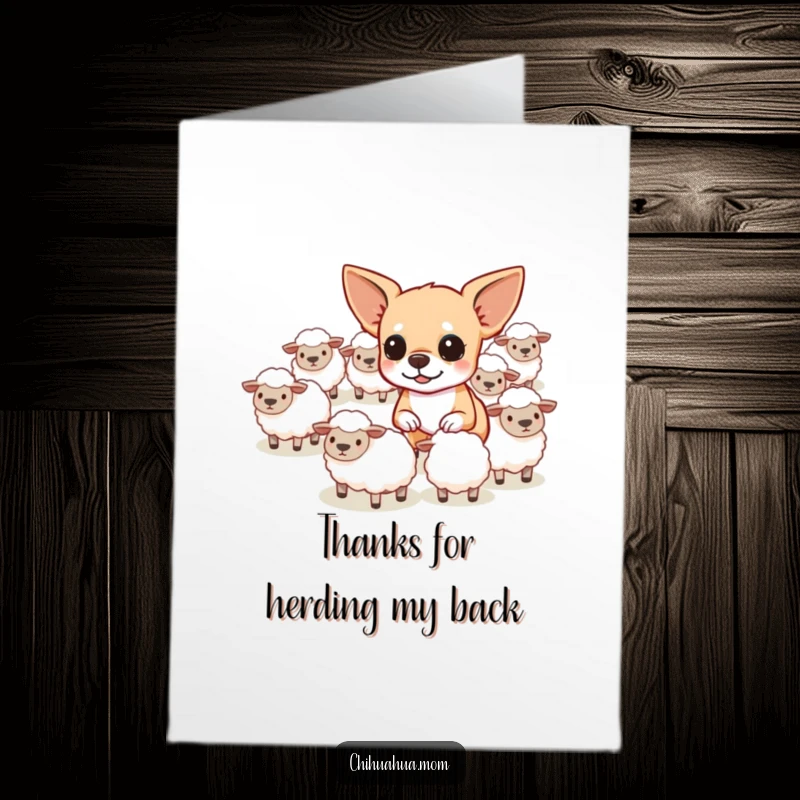 Funny Free Printable Thank You Card: Chihuahua rounding up tiny sheep, a humorous way to say thanks.