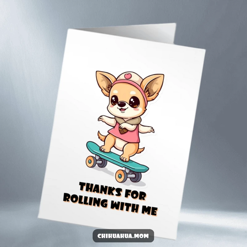 Funny Free Printable Thank You Card: Kawaii Chihuahua lady confidently skateboarding on a tiny board, a thank you with flair.