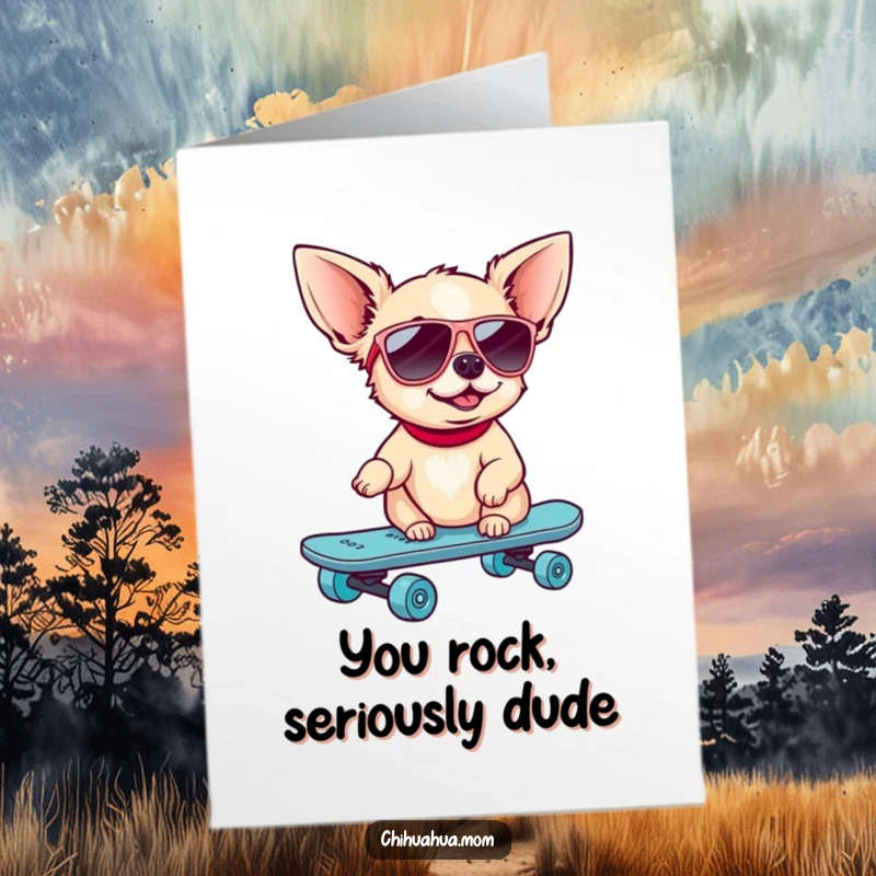 Funny Free Printable Thank You Card: A chihuahua in sunglasses expertly rides a skateboard, conveying cool thanks.