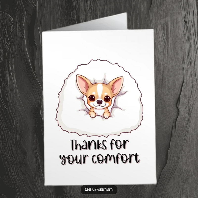 Funny Free Printable Thank You Card: A chihuahua peeks from under a giant, fluffy blanket, offering warm thanks.