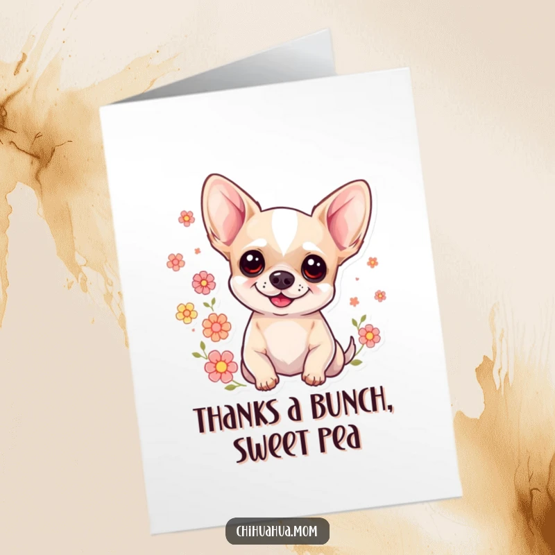 Funny free printable thank you card: A sweet chihuahua with a gentle smile, surrounded by pretty floral designs.