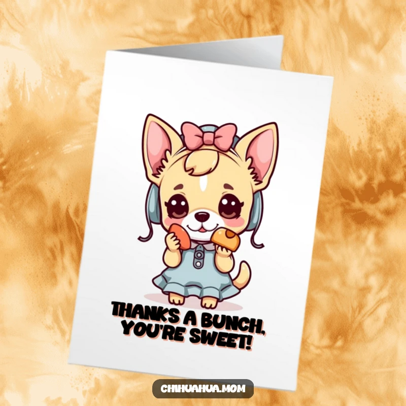 Funny Free Printable Thank You Card: Kawaii chihuahua lady proudly offers a small, delightful treat.