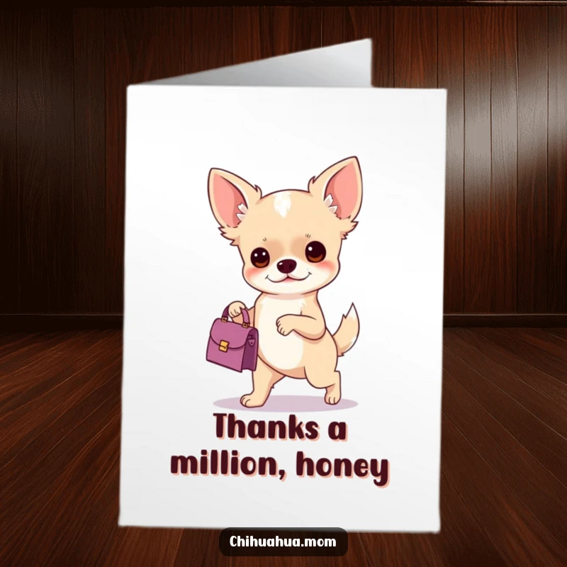Funny Free Printable Chihuahua Thank You Card: Stylish chihuahua with a tiny handbag, conveying thanks.