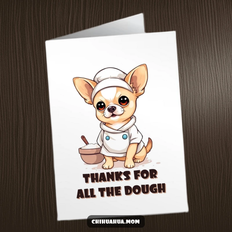 Funny Free Printable Thank You Card: Chihuahua dressed as a baker, covered in flour, with a thankful expression.