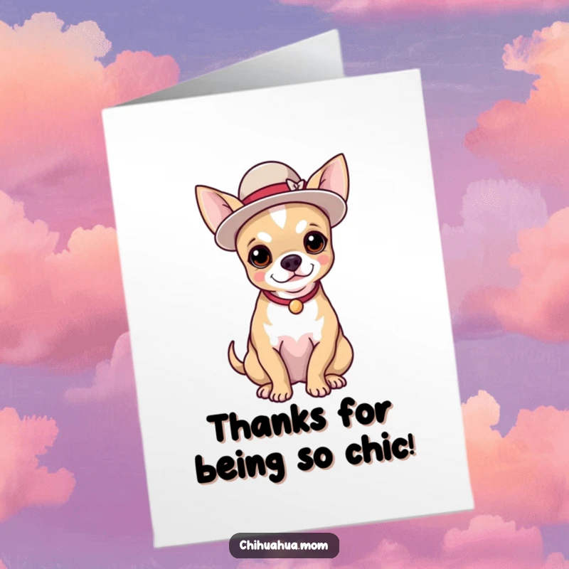 Funny Free Printable Thank You Card: A very proud chihuahua poses in an elegant hat, conveying thanks with a downloadable smile.
