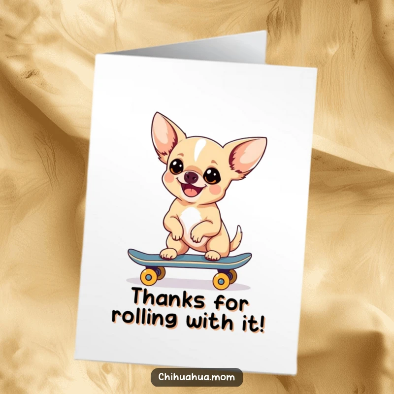 Funny Free Printable Thank You Card: Chihuahua on a skateboard giving thanks, rad dude, appreciative canine, download.