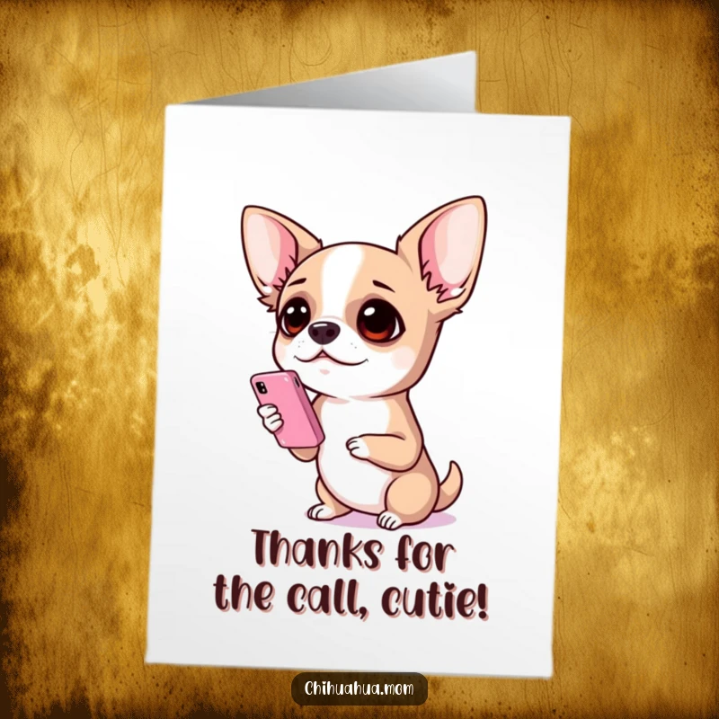 Funny Free Printable Thank You Card: Chihuahua looking utterly shocked at a tiny phone screen.