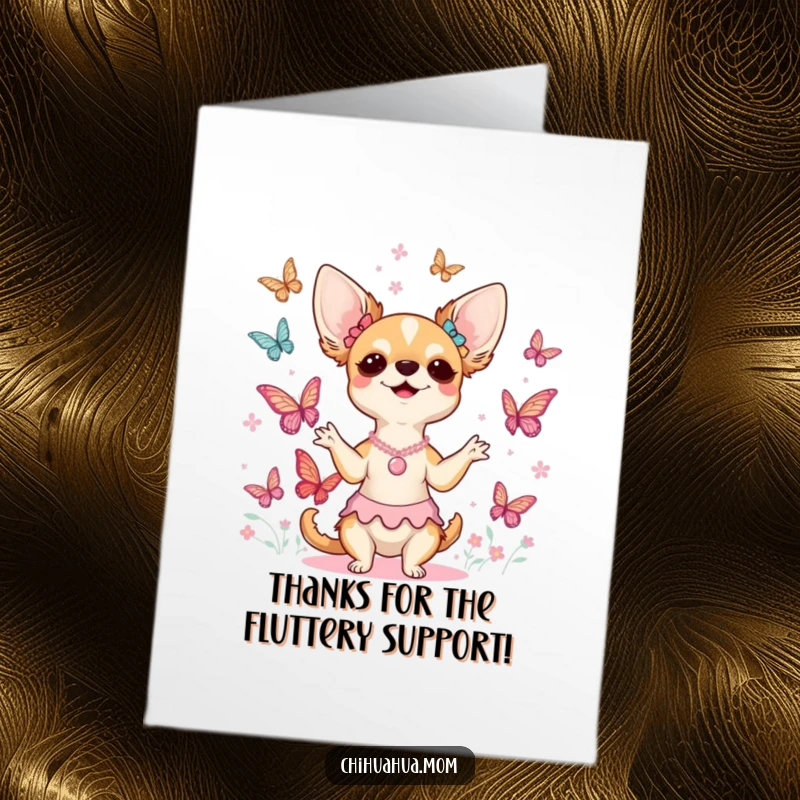 Funny Free Printable Thank You Card: Chihuahua enthusiastically conducting a butterfly choir to express gratitude.