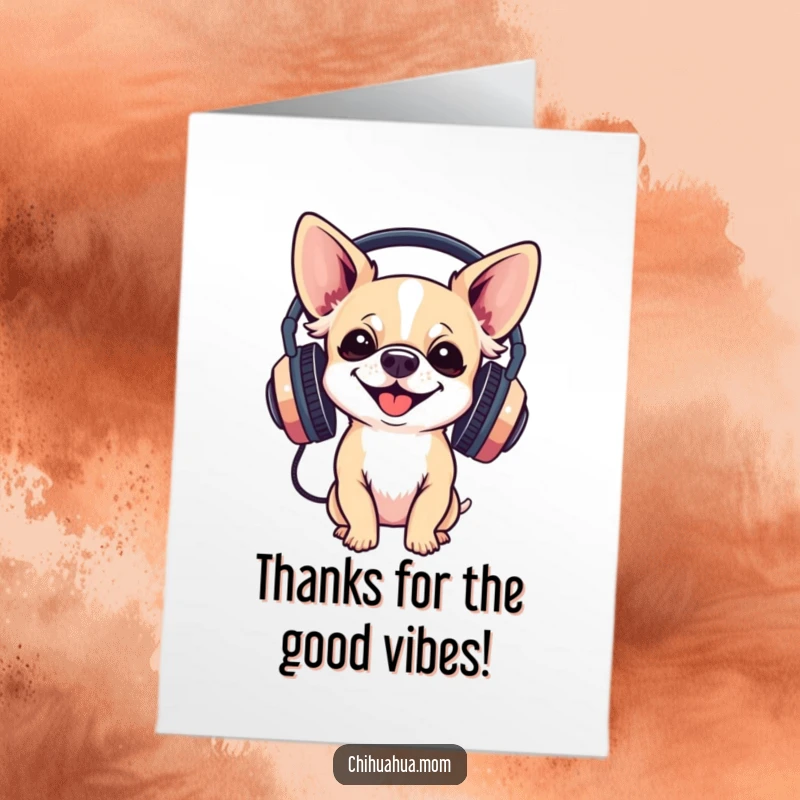 Funny Free Printable Thank You Card: A chihuahua joyfully wears large headphones, conveying thanks through a happy, musical expression.