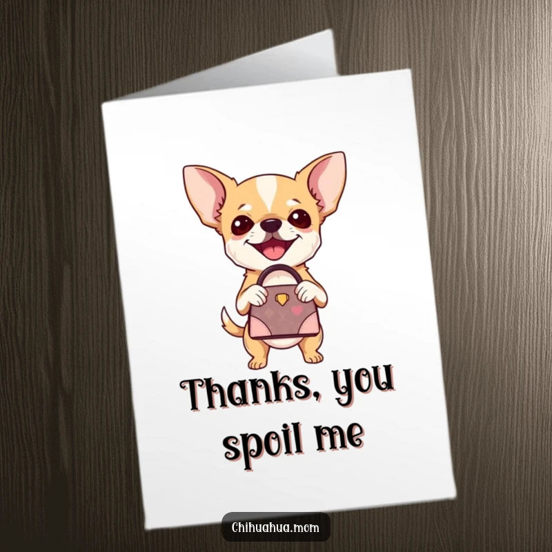 Funny Free Printable Thank You Card featuring a chihuahua with a miniature designer handbag, conveying thanks with high fashion.
