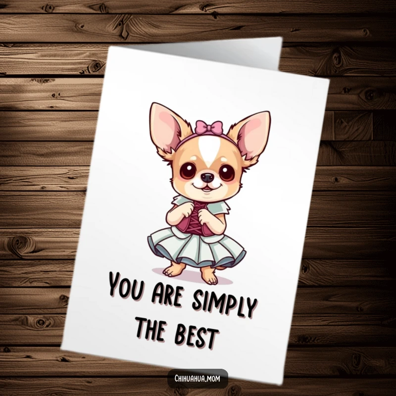 Funny Free Printable Thank You Card: Tiny chihuahua in a fancy dress offers a dramatic and grateful pose.