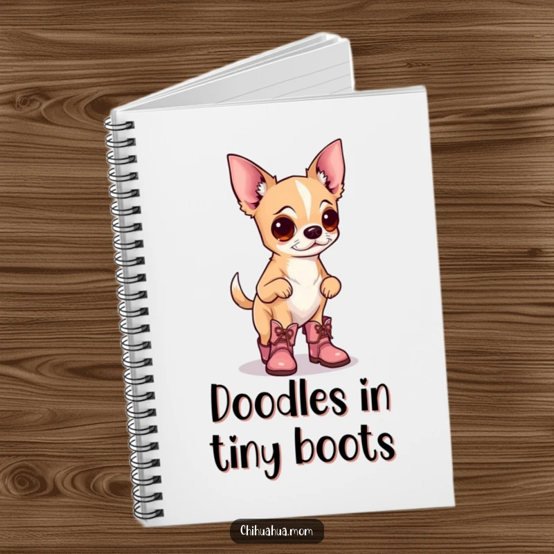Funny notebook with a chihuahua wearing tiny boots, prancing proudly on the cover, designed for jotting down stylish thoughts and pet plans.