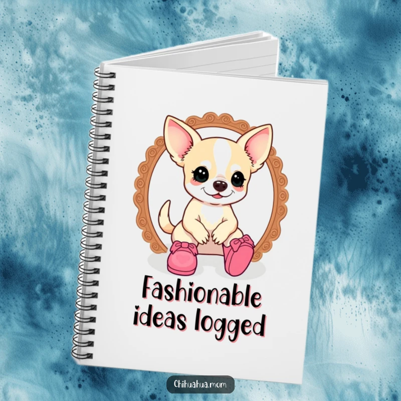 Funny kawaii chihuahua lady character writing in a notebook, surrounded by tiny doll shoes, a humorous scene for fashion lovers.